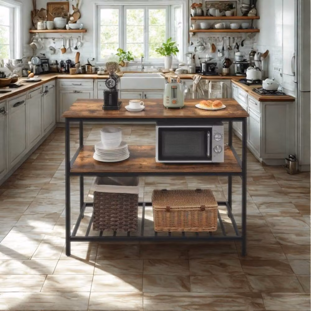 Pirlo Plush Industrial 3 Tier Kitchen Storage Island with Shelves in Brown and Black, W/D/H: 120 x 60 x 30 cm – 2