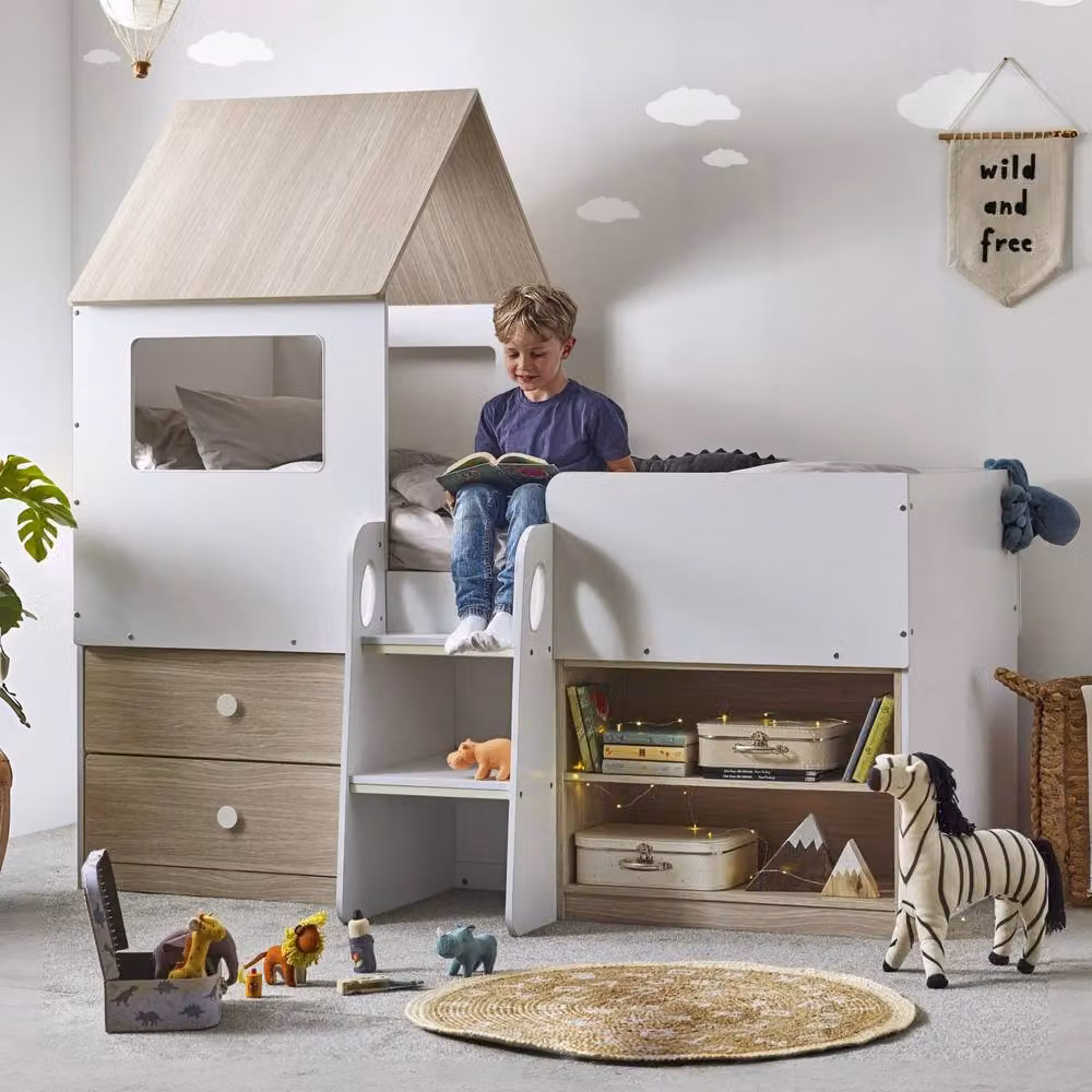 Cheshire Modern Midsleeper Bed in White and Multicolour Solid Wood with Stairs and Drawers, W/D/H: 90 x 190 cm – 2