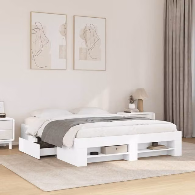 Berkfield Home Bed Frame with Drawers and Bedside Shelf, White, W: 160 cm, D: 200 cm