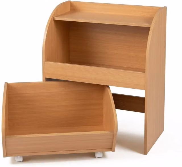 VOGREX Kids Toy Shelf with 2 Open Shelves and Wheeled Drawer in Natural Brown Wood – 1