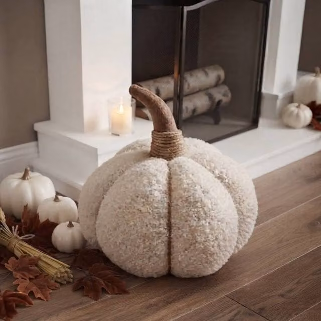 Garden Greatness XL Plush Textured Cream Pumpkin Decoration in Beige