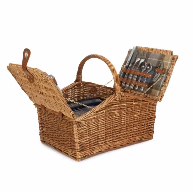 Ravenstor Blue and Brown Double Lidded Wicker Picnic Basket for 4 People with Compartments