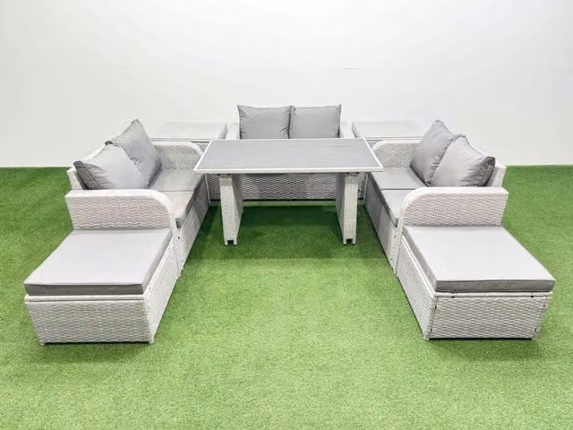 Fimous 8 Seater Rattan Garden Furniture Set with 2 Side Tables in Light Grey