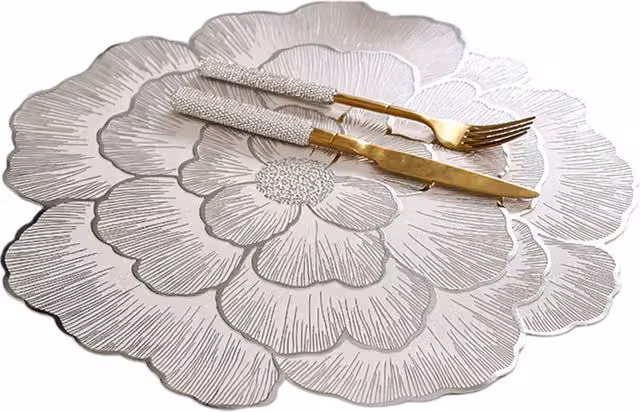 Latto Y096 Peony Silver Floral PVC Rug in Silver and Gold