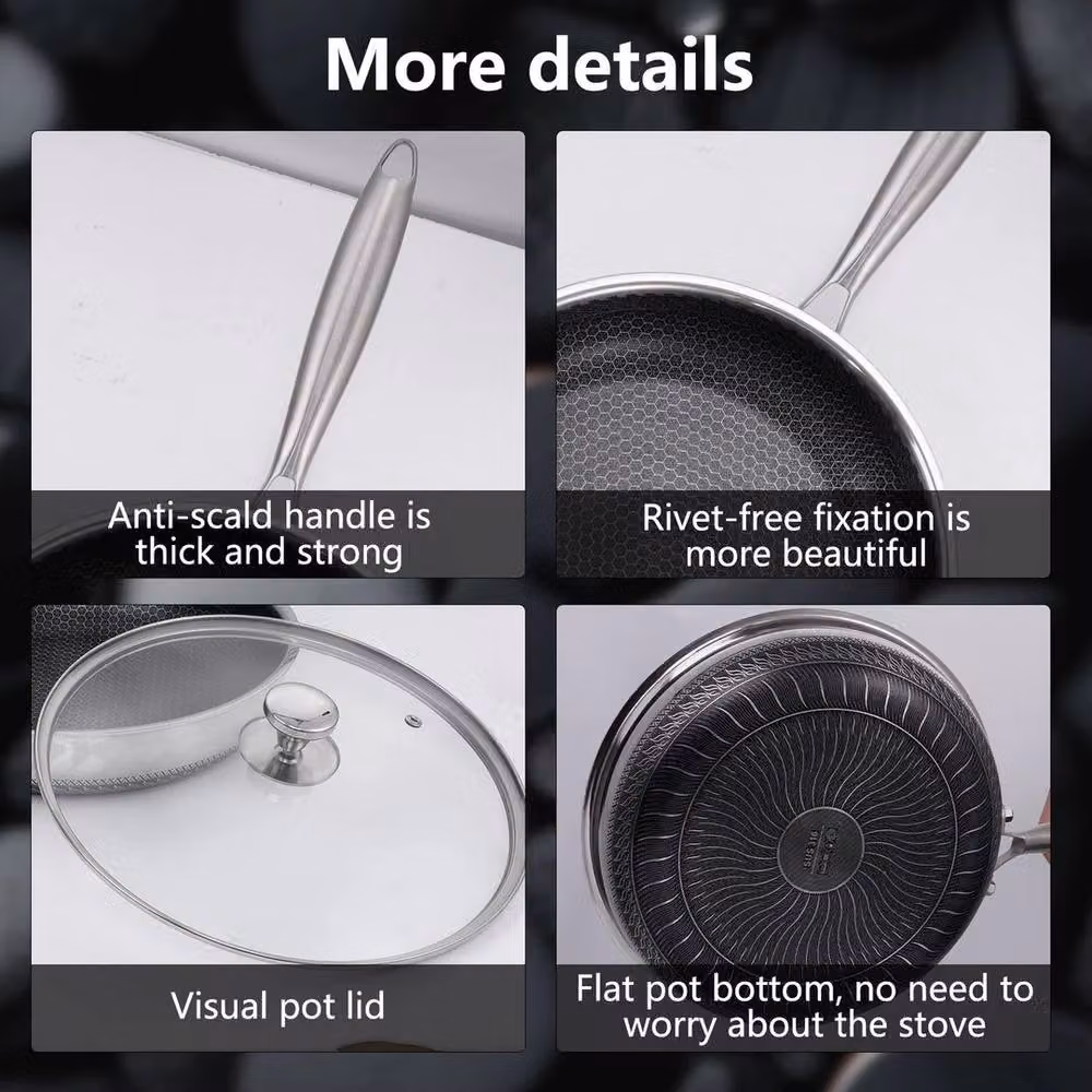 EONLION Non Stick 316 Stainless Steel Frying Pan in Silver, Diameter: 100 cm – 4