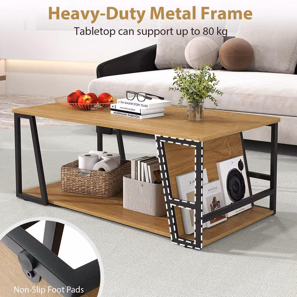 Costway 2-Tier Rectangular Industrial Coffee Table with Shelf in Brown and Natural Wood – 3