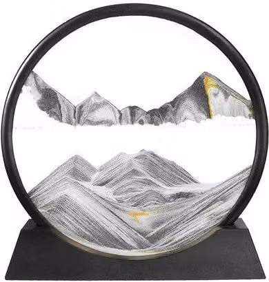 Modern Round Abstract Moving Sand Art Picture in Grey Glass for Tabletop Decoration
