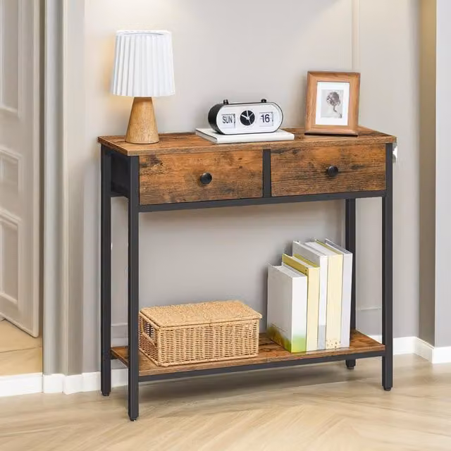 Rafaelo Mobilia Industrial 2 Tier Rectangular Console Table with Steel Frame in Brown