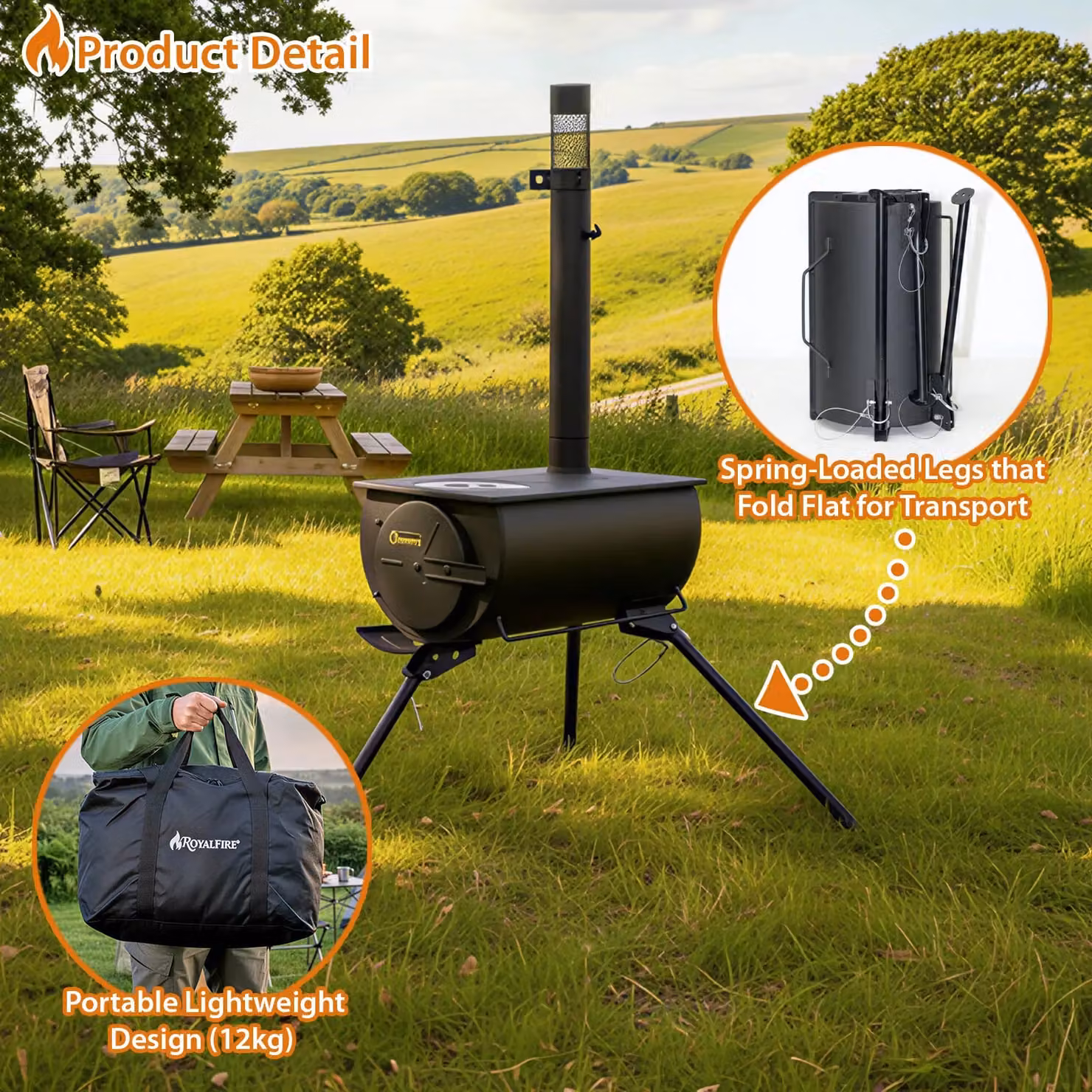 RoyalFire Orion Portable Tri-Pod Tent Stove in Black, W/D/H: 45 x 30 x 25 cm – 3
