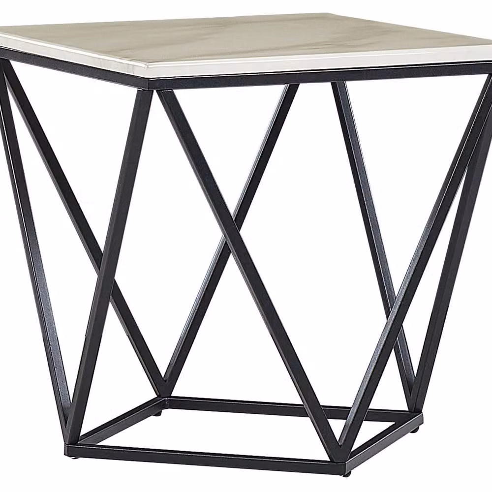 Wyld and Coco Mid-Century Side End Table with Beige Marble-Look Top and Black Metal Frame, W/D/H: 50 x 50 x 50 cm – 2