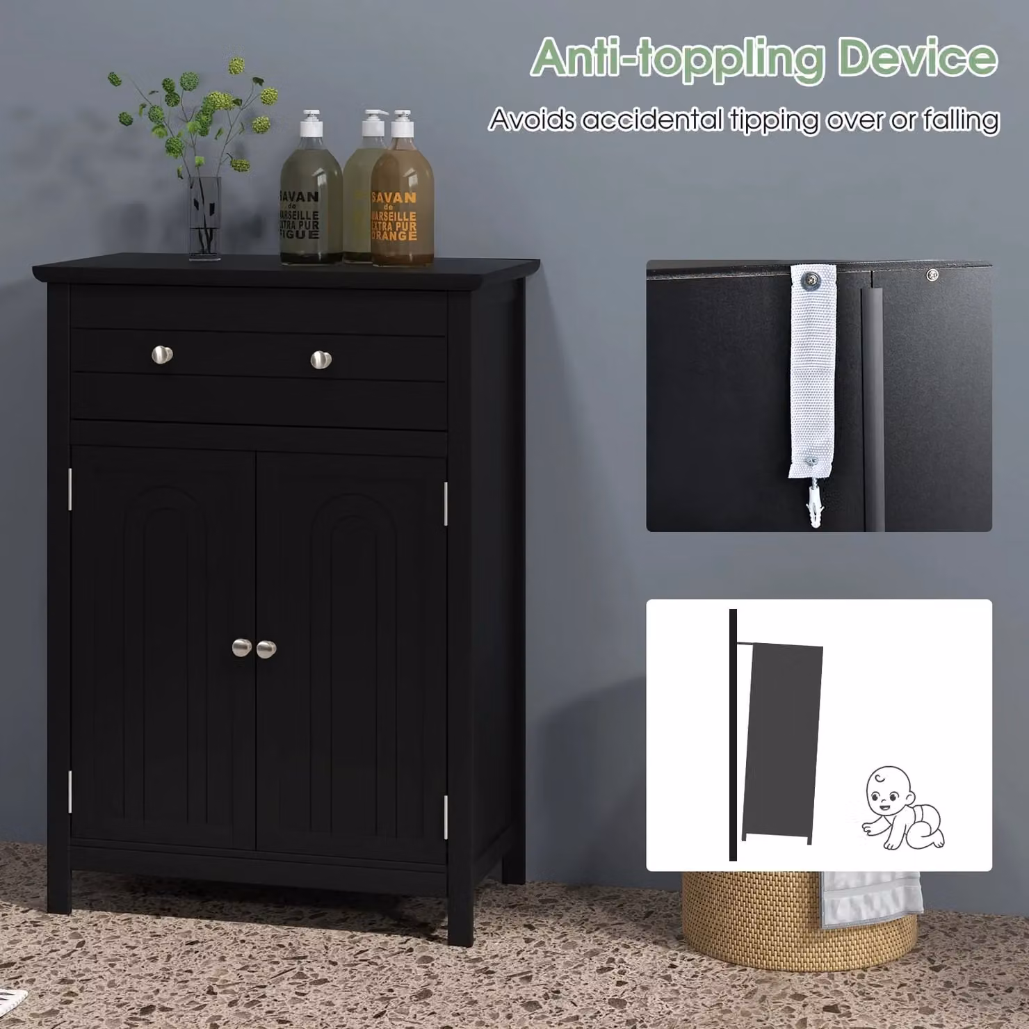 Gymax Black Freestanding Bathroom Storage Cabinet with Internal Shelves and Drawers – 7