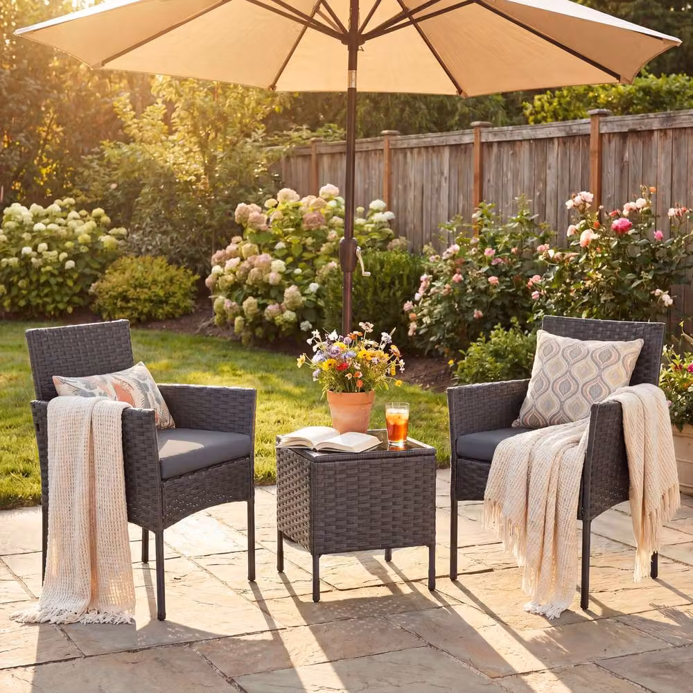 Costway 3-Piece Grey Rattan Garden Conversation Set with Cushions and Glass Top Table – 7