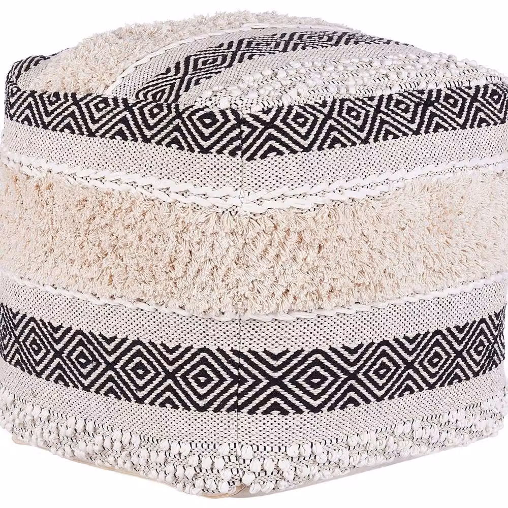 Wyld and Coco Cotton Geometric Boho Cube Pouffe in Beige, White and Black, W/D/H: 45 x 45 x 45 cm – 2
