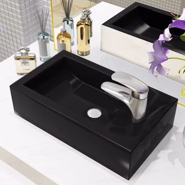 Berkfield Rectangular Ceramic Basin with Faucet Hole in Black, W: 46 cm, D: 25.5 cm, H: 12 cm