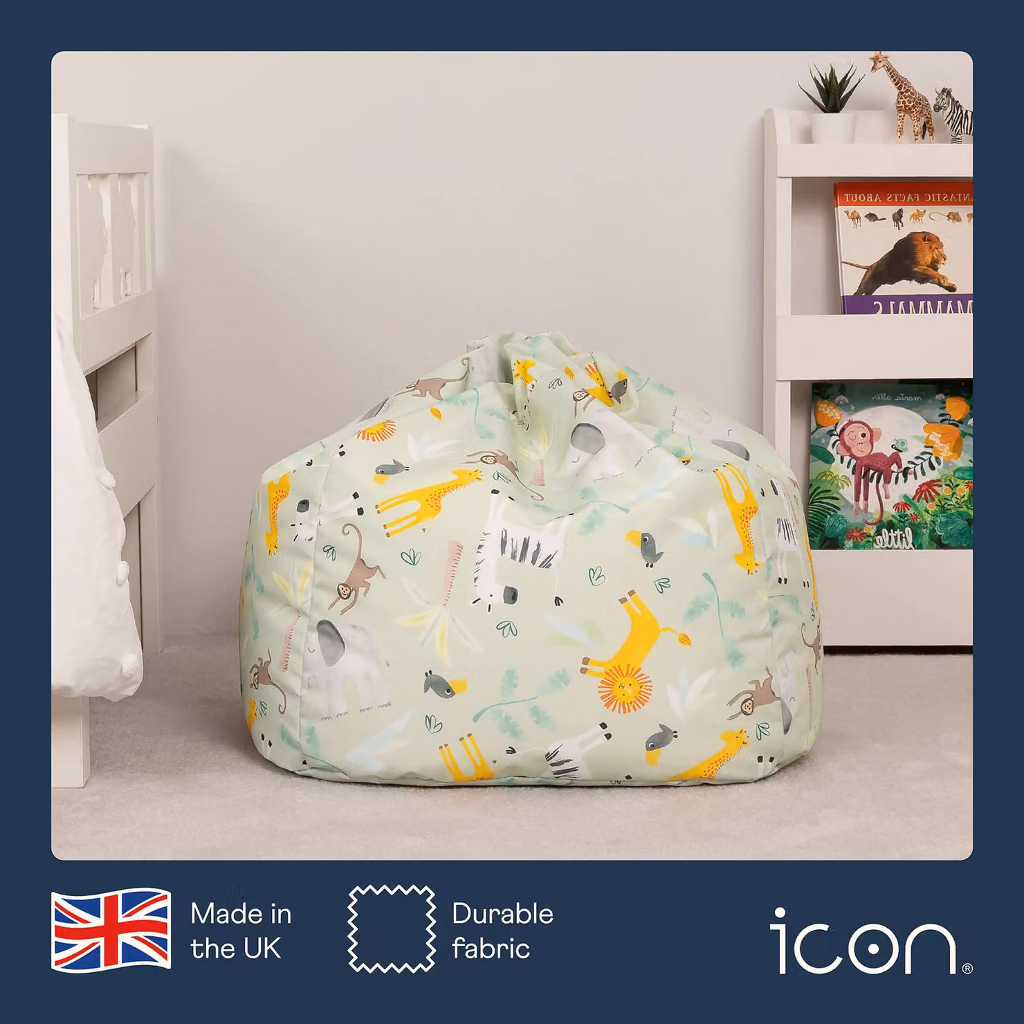 icon Kids Safari Animal Print Bean Bag Chair for Children, Green Water-Repellent Fabric – 2