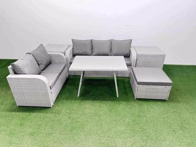 Fimous Rectangular Dining Table, Sofa, Stool and 2 Side Tables Set in Light Grey