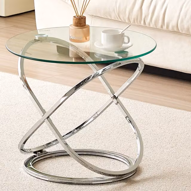 Comfy Living Modern Round Side End Table with Glass Top and Silver Metal Frame