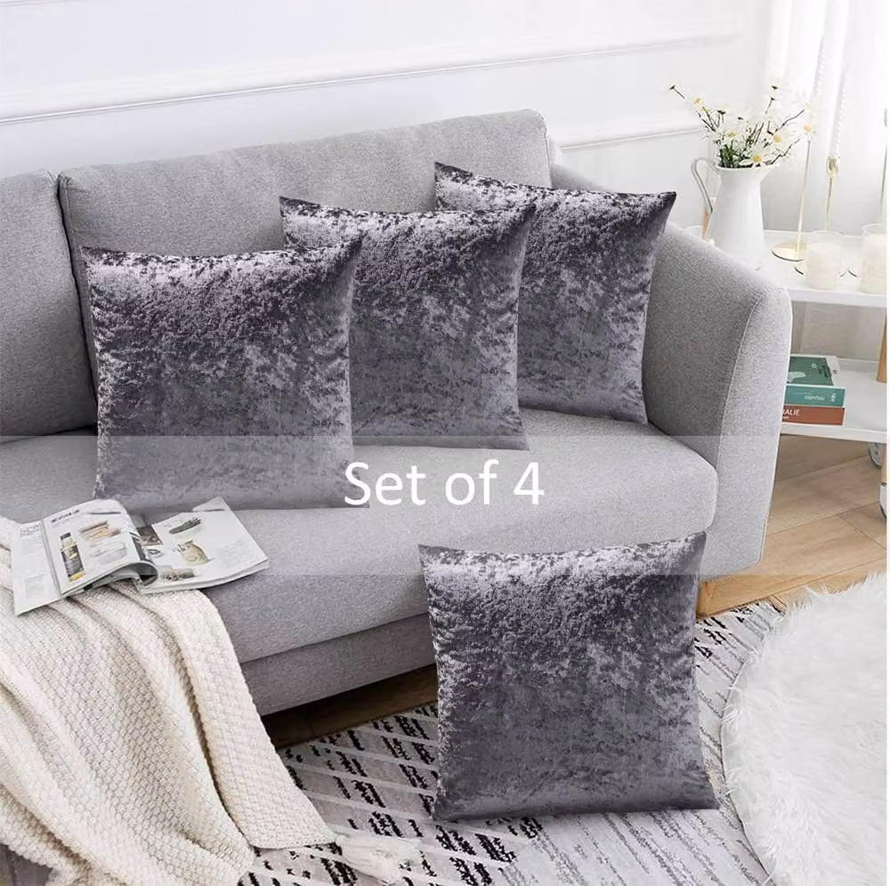 Luxor Living Set of 4 Grey Velvet Square Cushions with Hollow Fibre Filling, W/D/H: 45 x 45 x 45 cm – 6