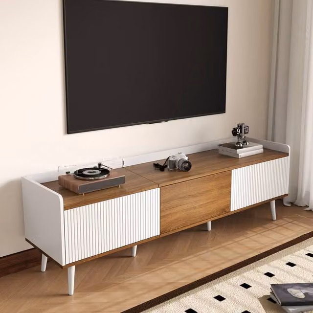 Merax Mid-Century TV Cabinet in White with Fluted Contrast Doors, W/D/H: 160 x 49.5 x 49.5 cm