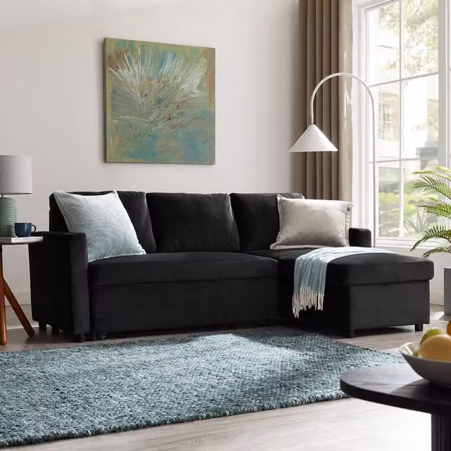 Home Detail Dorset Reversible Chaise Velvet Pull Out Sofa Bed with Underseat Storage in Jet Black