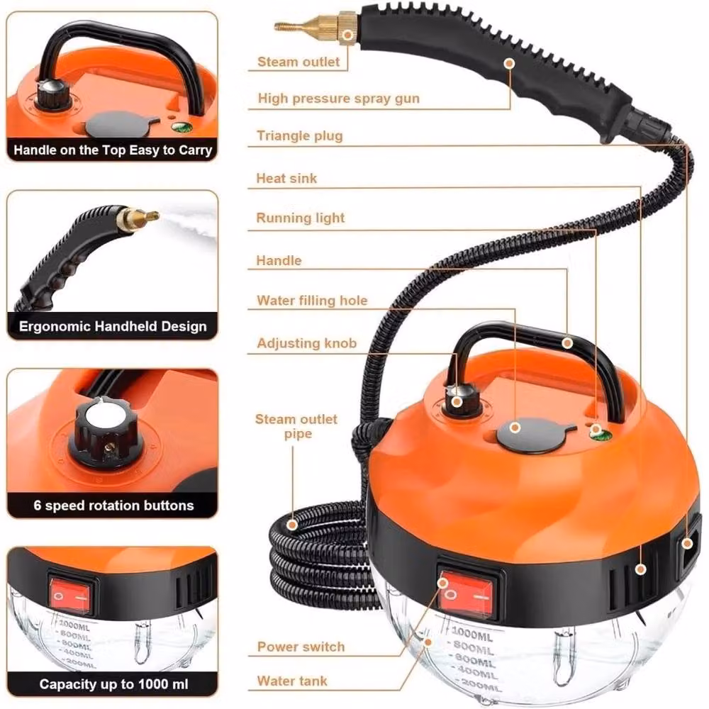 PAWNORA 4500W Portable Handheld Steam Cleaner, Orange, 1000ml – 2