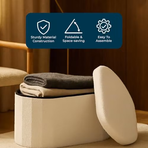 Jack Stonehouse JSH Teddy Boucle Storage Ottoman in White, Large Oval Foldable Pouffe and Foot Rest – 4