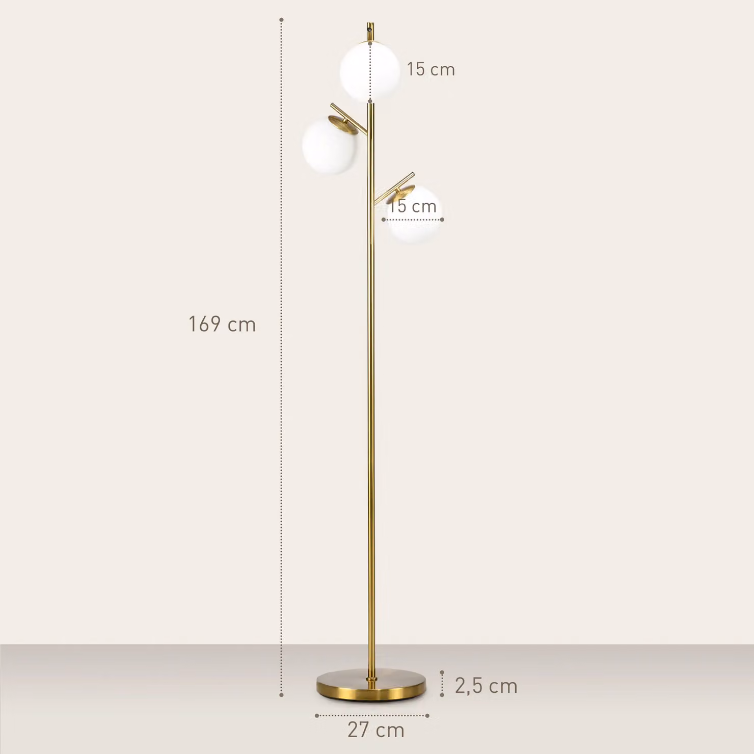 HOMCOM Modern Tree Floor Lamp with 3 White Glass Spheres in Gold/Brass – 2