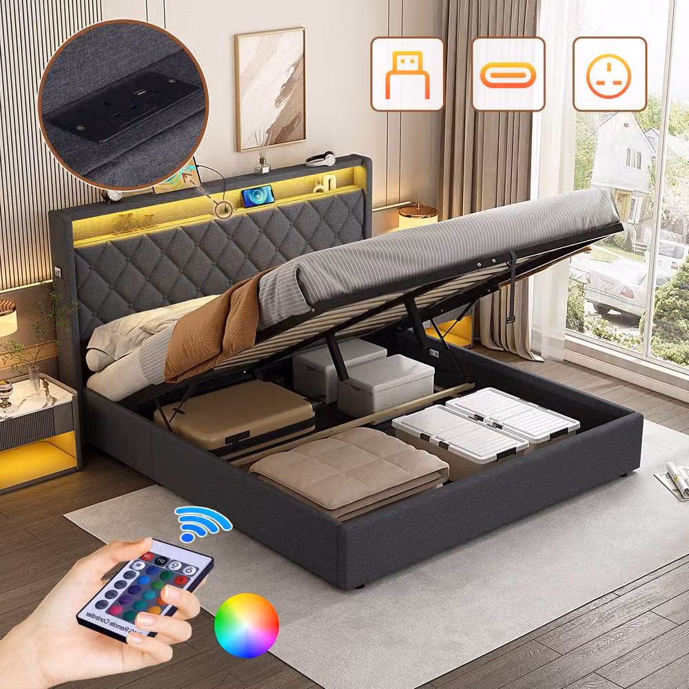 BTM Grey Upholstered Double Ottoman Bed Frame with Hydraulic Lift-Up Storage and Linen Fabric, 140 x 200 cm – 5