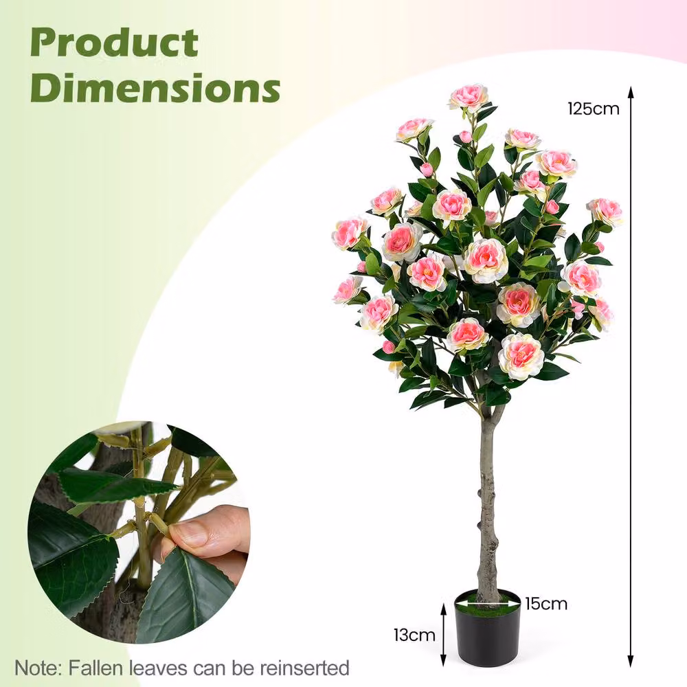 Costway Artificial Camellia Tree Faux Greenery Plant in Green and Pink – 2