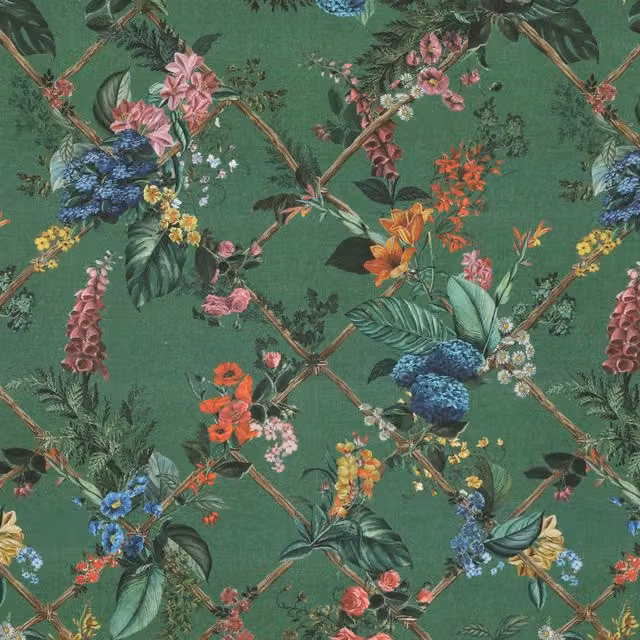 Llewelyn-Bowen Cotswold Fantasia Printed Fabric in Forest Green and Multicolour
