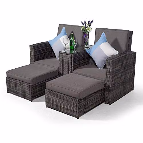 Giardino Nevada Double Reclining Rattan Sun Lounger Set with Canopy and Side Tray in Grey and Brown – 3