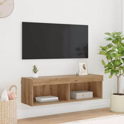 vidaXL Wall-Mounted TV Cabinet in Oak with Integrated Lighting and Internal Shelves, W/D/H: 100 x 30 x 30 cm – 2