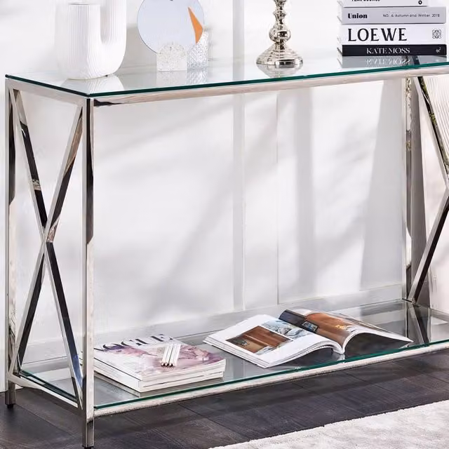 Wyld and Coco Modern Console Table with Transparent Glass Top and Polished Silver X-Frame, W/D/H: 120 x 40 x 76 cm