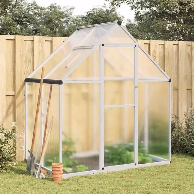 Berkfield Home Aluminium Greenhouse with Polycarbonate Panels and Base Frame, Silver, W/D/H: 169 x 114 x 195 cm – 1