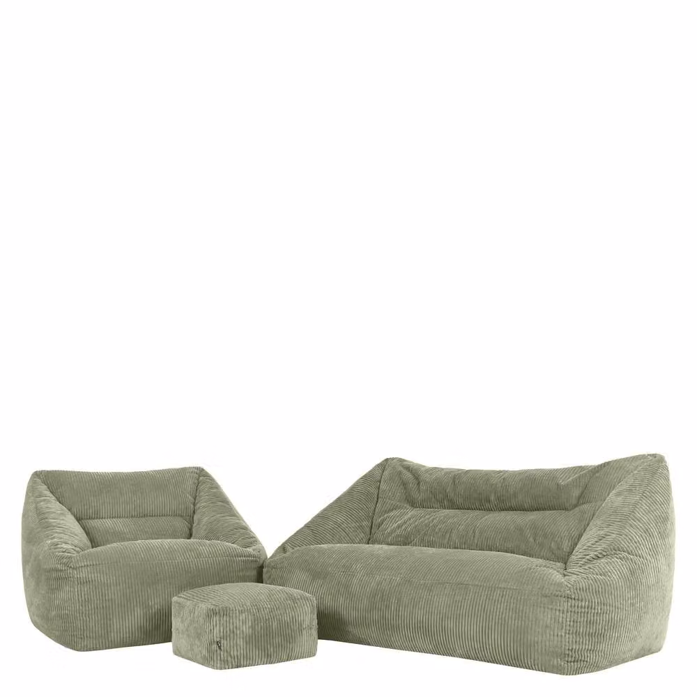 icon Bean Bag Sofa and Footstool Bundle in Green Jumbo Corduroy, Medium – 2