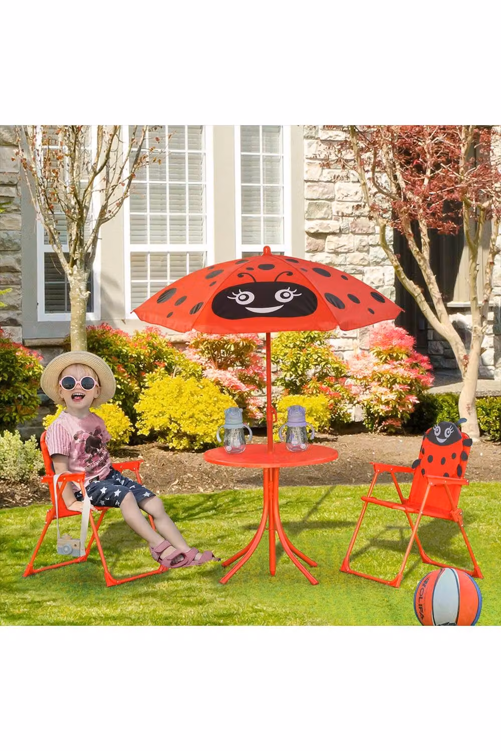 ERGOVEXA Kids Folding Picnic Table and Chair Set with Parasol, Red and Black – 3