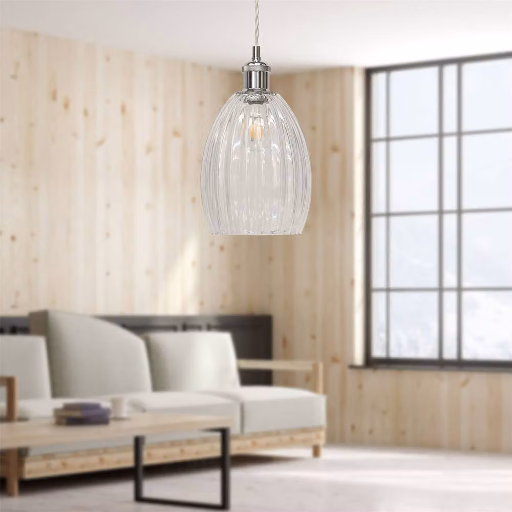 First Choice Lighting Birch Set of 2 Retro Pendant Lights with Transparent Fluted Glass and Chrome Finish – 2