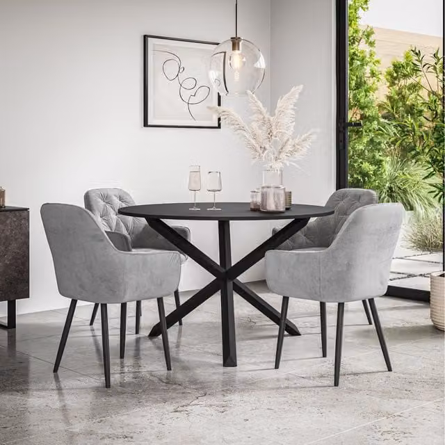 More4Homes Malvern Round Black Dining Table Set with 4 Grey Anika Velvet Chairs and Black Oak Legs, Diameter: 120 cm, Height: 75 cm