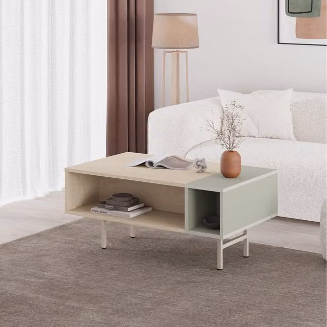 Decortie Modern Rectangular Coffee Table in Oak and Green, W: 100 cm, D: 60 cm, H: 45 cm
