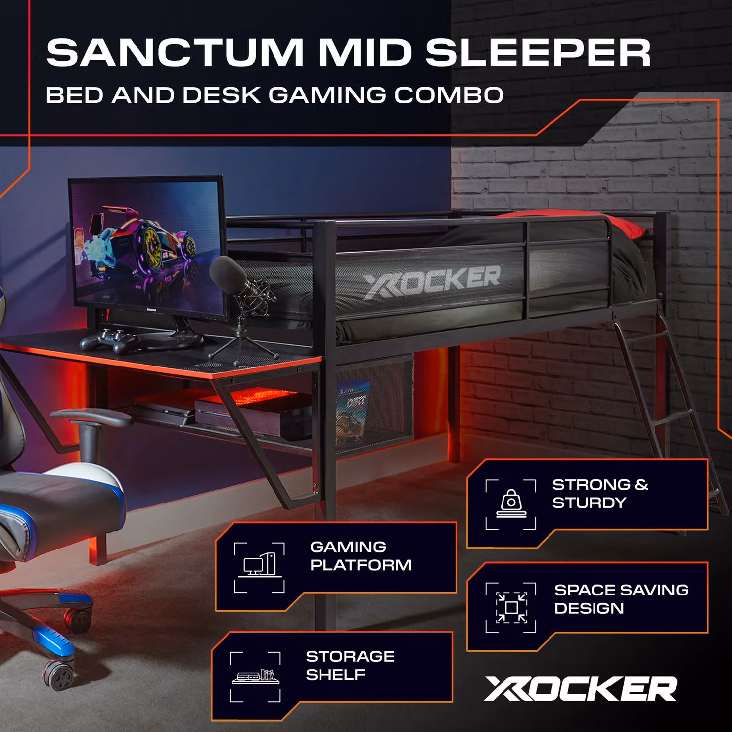 X Rocker Sanctum Mid Sleeper Bunk Bed with Gaming Desk in Black, Single Size – 2