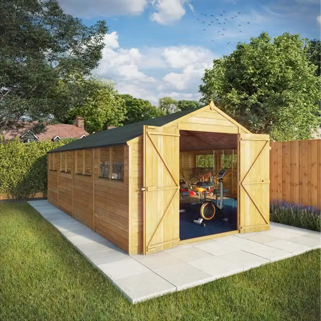 Waltons Wooden Overlap Apex Roof Garden Storage Workshop Shed with Double Doors and Window, Brown, W: 609.6 cm, D: 304.8 cm
