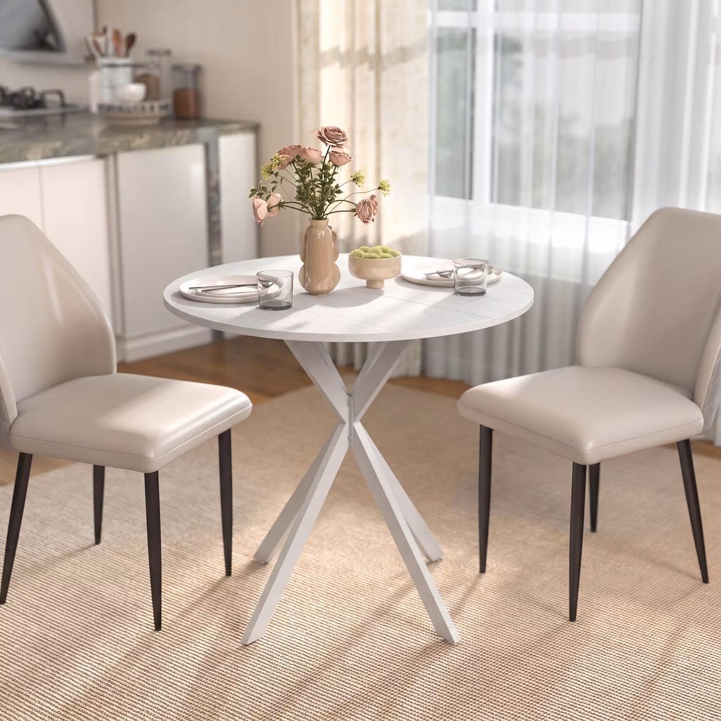 HOMCOM Industrial Round Dining Table in White and Black, Diameter: 80 cm, Height: 75 cm – 2