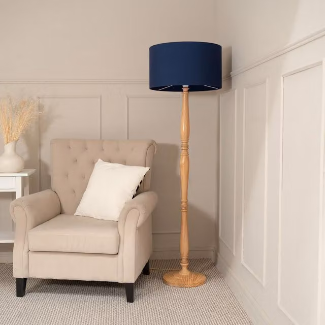 Victoria Wood Floor Lamp with Blue Fabric Drum Shade