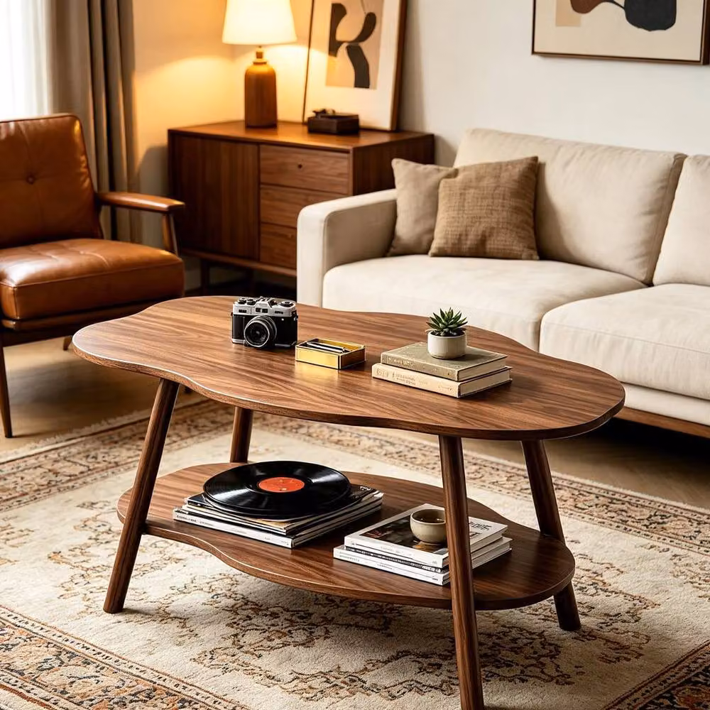 FORGEVIO 2-Tier Rectangular Coffee Table with Lower Storage Shelf in Walnut Brown – 6