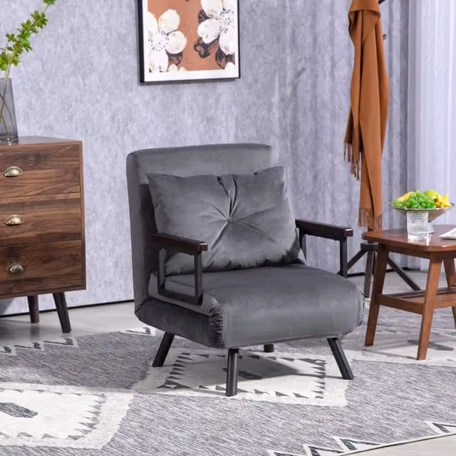 HOMCOM Convertible Single Chair Bed Settee with Armrests in Charcoal Grey Velvet Fabric