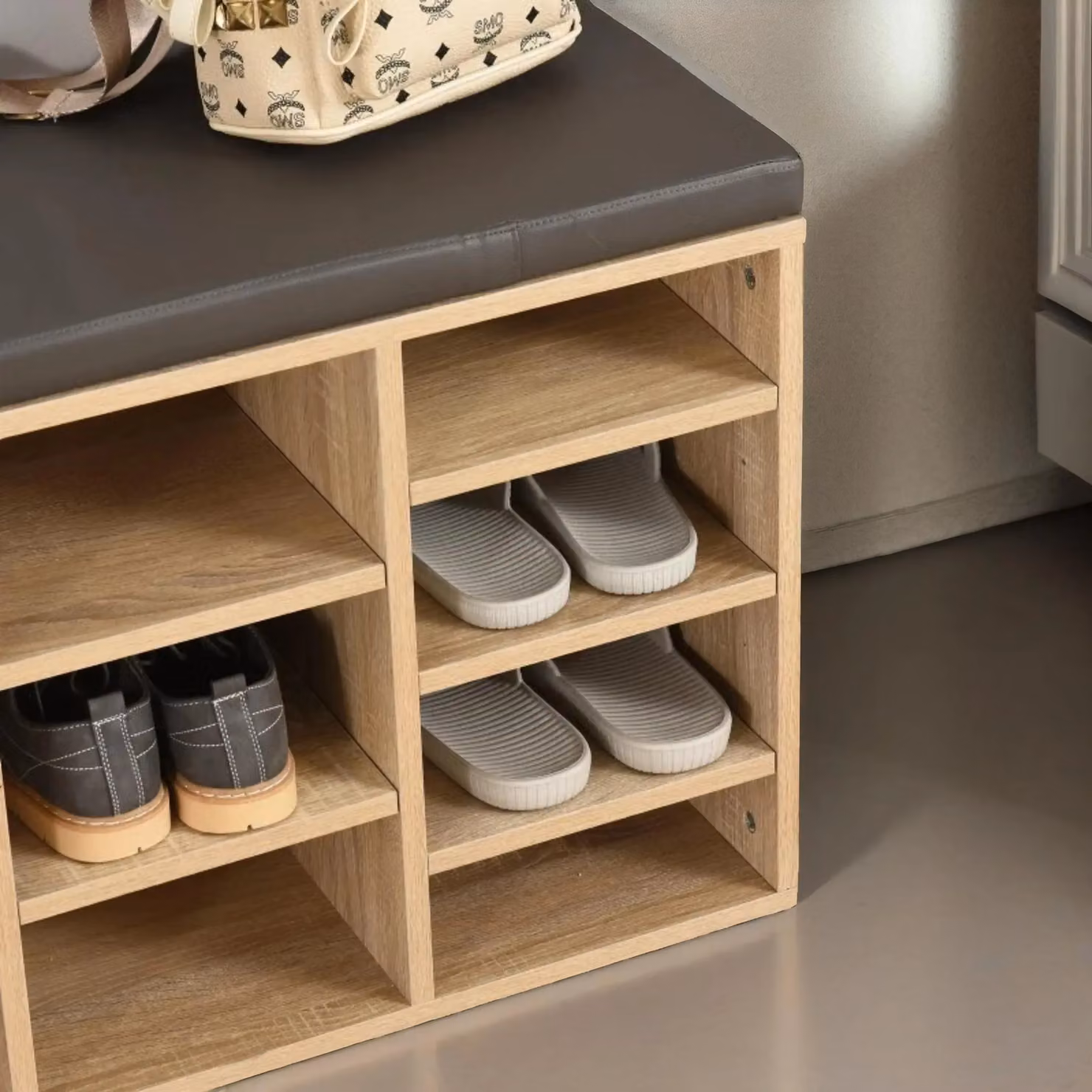 Pirlo Plush Industrial Shoe Storage Bench with Cushion Seat in Sand – 4