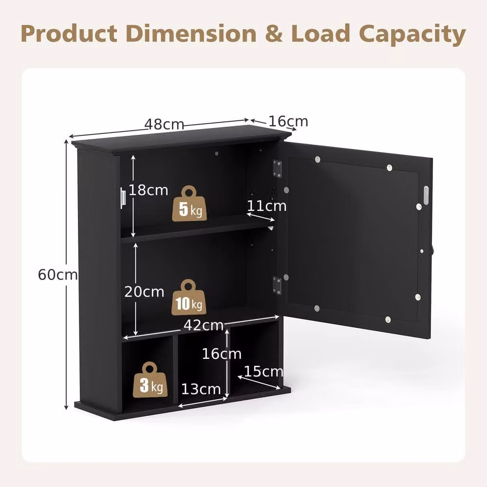 Gymax Wall-Mounted Black Bathroom Storage Cabinet with Mirror Doors and Internal Shelves – 2
