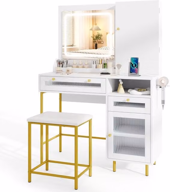 Costway Modern White Hollywood LED Dressing Table and Chair Vanity Set