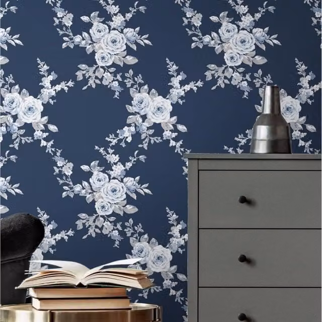 Muriva Canterbury Floral Bouquet Blue and Grey Botanical Wallpaper