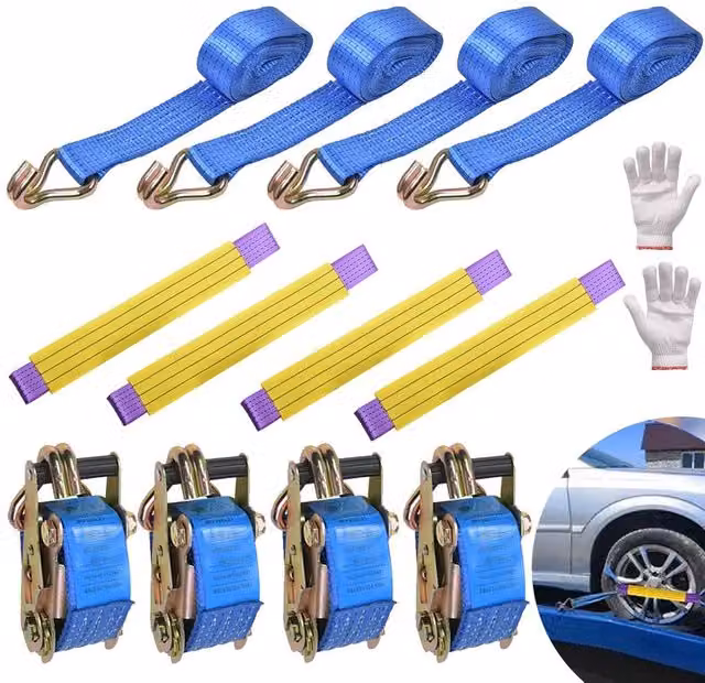 Ventryn 4 Piece Ratchet Wheel Strap Set in Blue with 50mm Width, 4 Metre Length and 5T Capacity including Round Slings